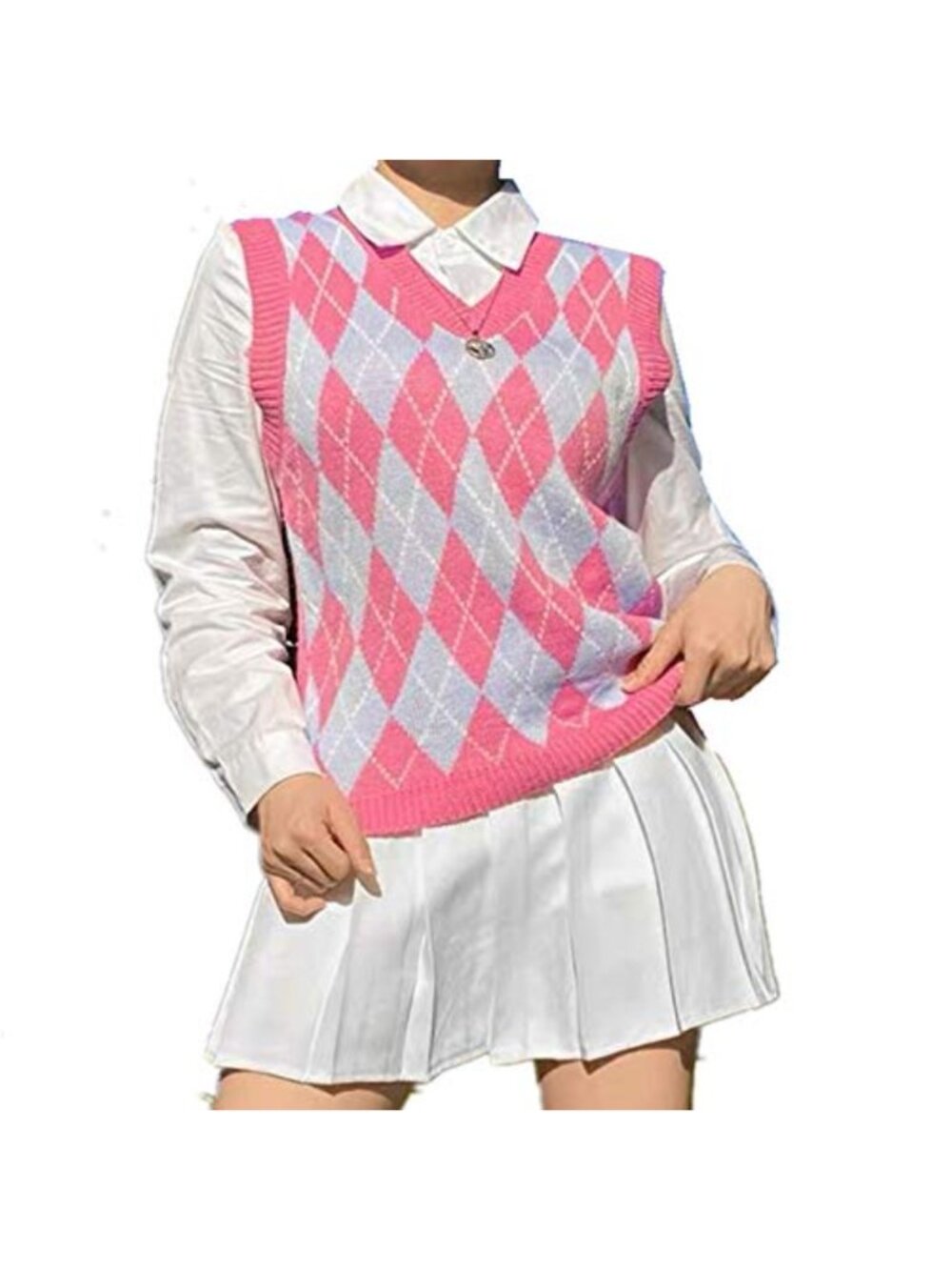 Argyle Plaid Knitted Sweater Vest Preppy V-Neck Sleeveless Tank Top
